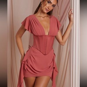 CERISE draped corset mini dress in terracotta size US 6
